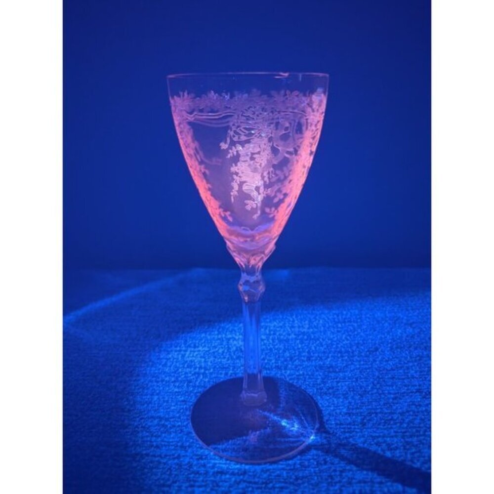 Fostoria "June" Pink Water Goblet, VG with Small Chip on Rim, UV-Reactive - Picture 5 of 5